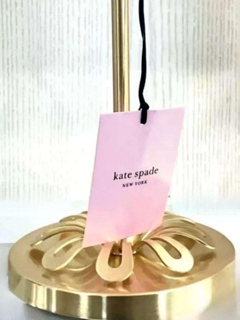 Kate Spade Table Lamp Brushed Brass Metal White Barrel Shade Flower Design NEW